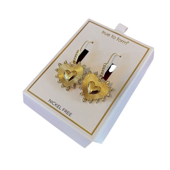 Striking Gold Tone Long Drop Heart Earrings Encircled w/ Pave Crystals. - Picture 4 of 6